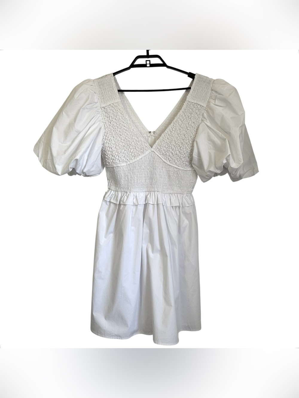AUREUM Womens Smocked Puff Sleeve Mini Dress Sz Medium White Lined V Neck - Picture 3 of 10